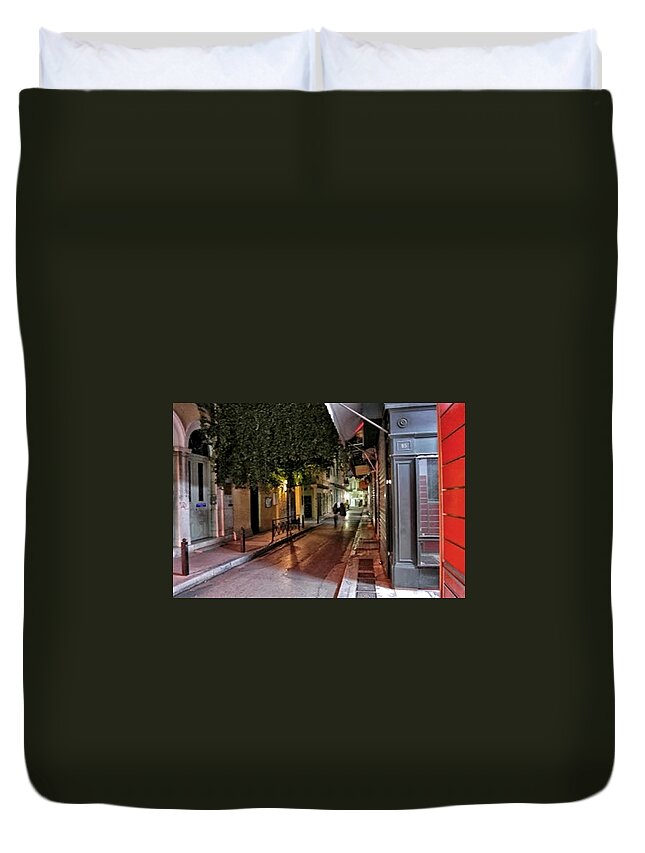 Architectural Elements Duvet Cover featuring the painting Evening Stroll in Athens Greece by Diane Strain