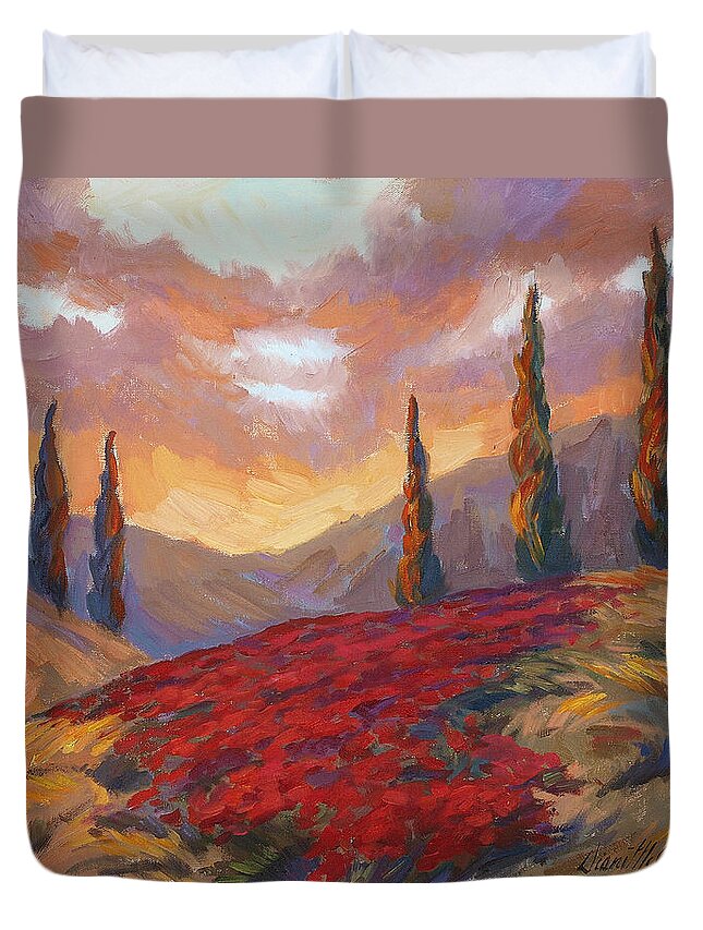 Evenin Duvet Cover featuring the painting Evening Sunset in Tuscany by Diane McClary