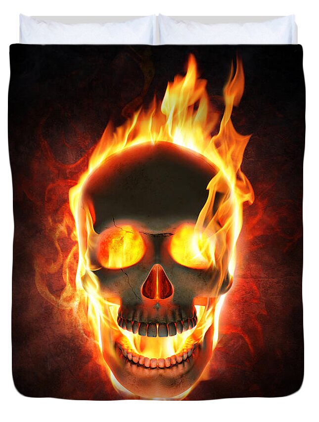 Skull Duvet Cover featuring the photograph Evil skull in flames and smoke by Johan Swanepoel