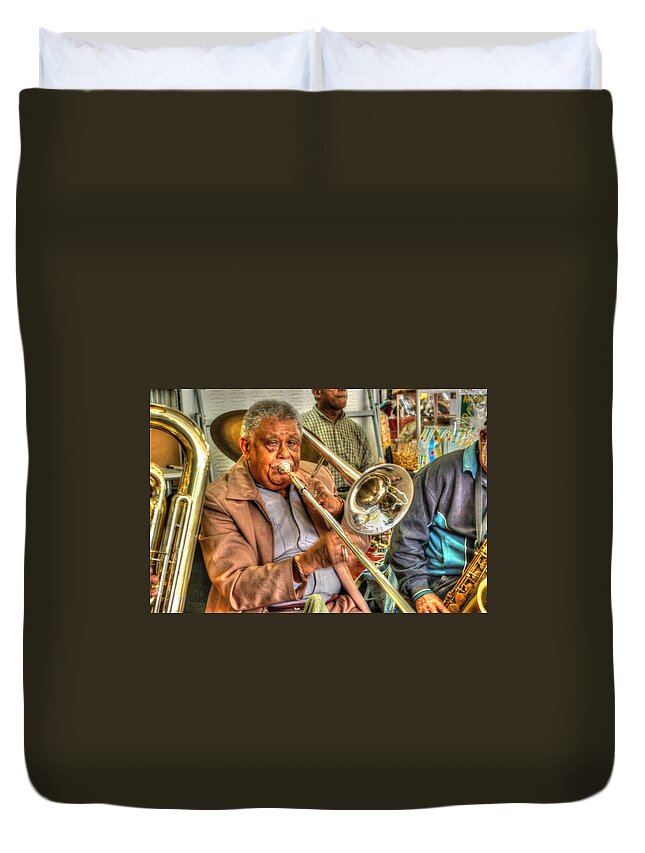 Mobile Duvet Cover featuring the digital art Excelsior Band Horn Player by Michael Thomas