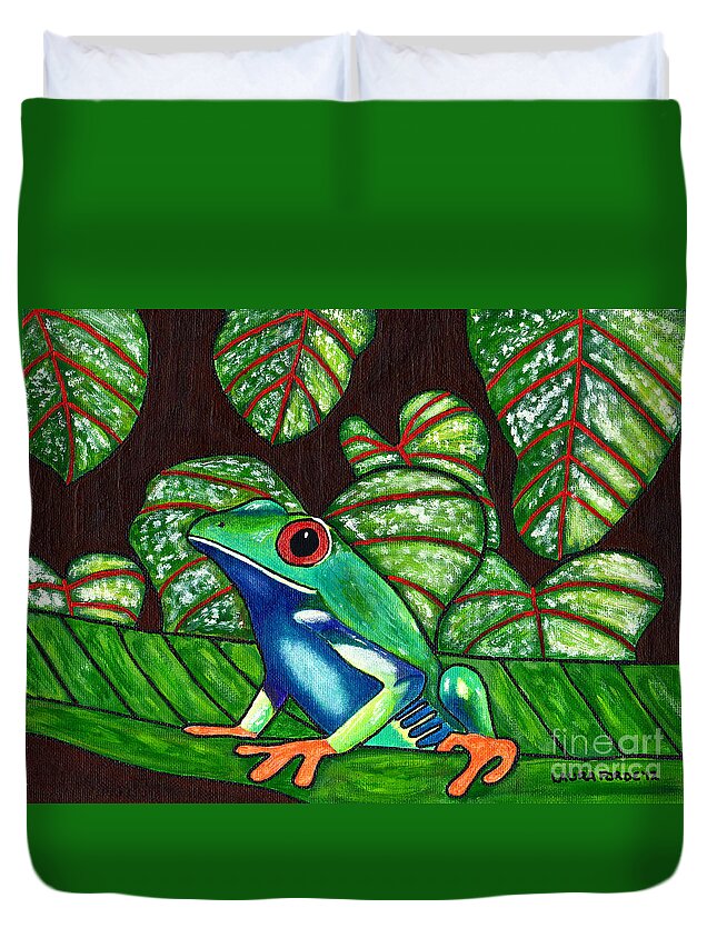 Frog Duvet Cover featuring the painting Eye on You by Laura Forde