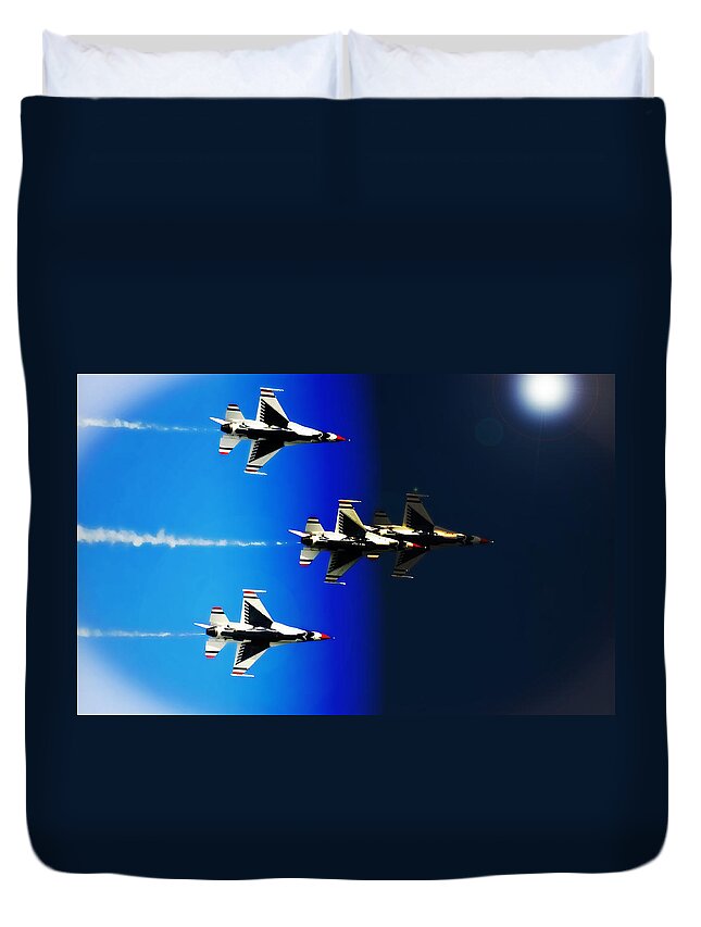 Thunderbirds Duvet Cover featuring the photograph F16 Flight Into Space by DigiArt Diaries by Vicky B Fuller