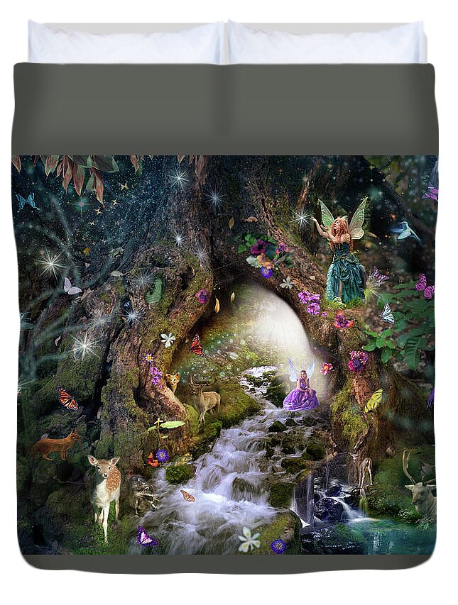 Fairy Duvet Cover featuring the drawing Fairy Hollow by MGL Meiklejohn Graphics Licensing