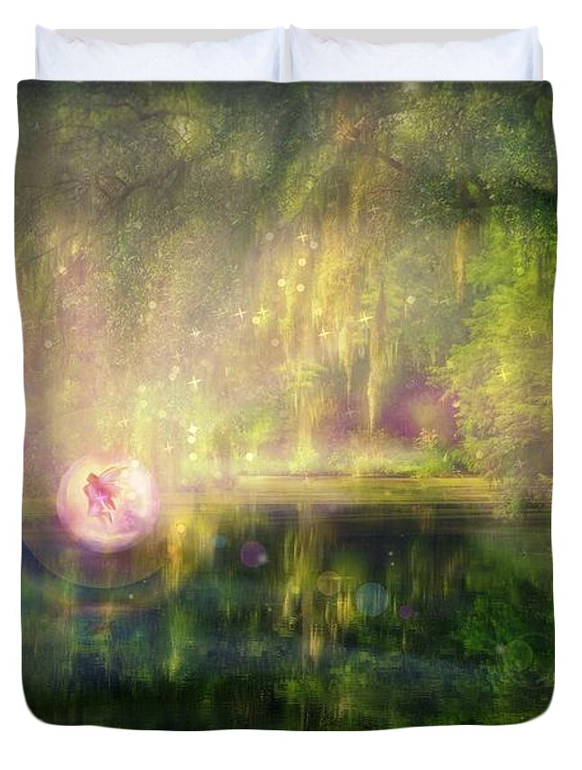 Fairy Duvet Cover featuring the digital art Fairy in Pink bubble in Serenity Forest by Lilia D