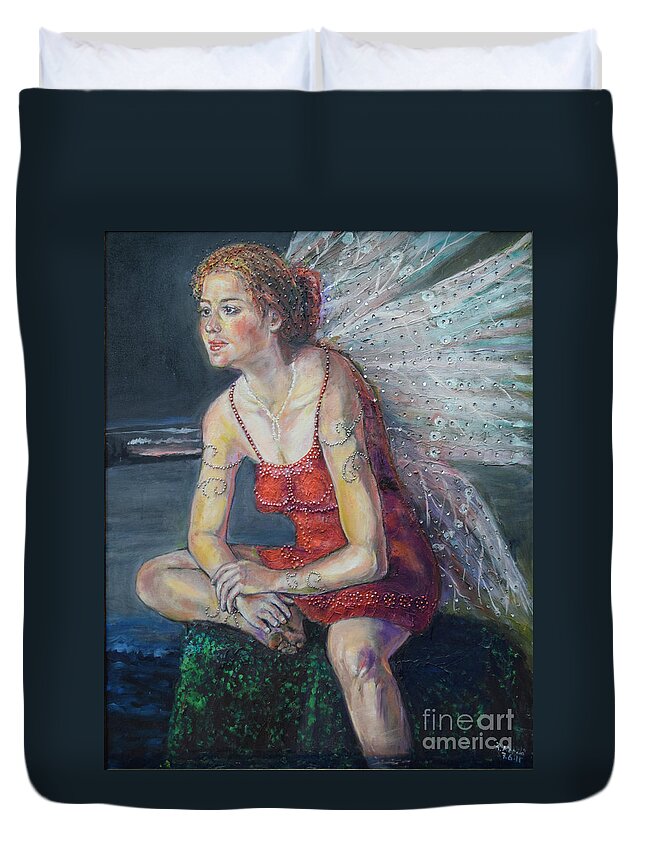 Raija Merila Duvet Cover featuring the painting Fairy on a Stone by Raija Merila