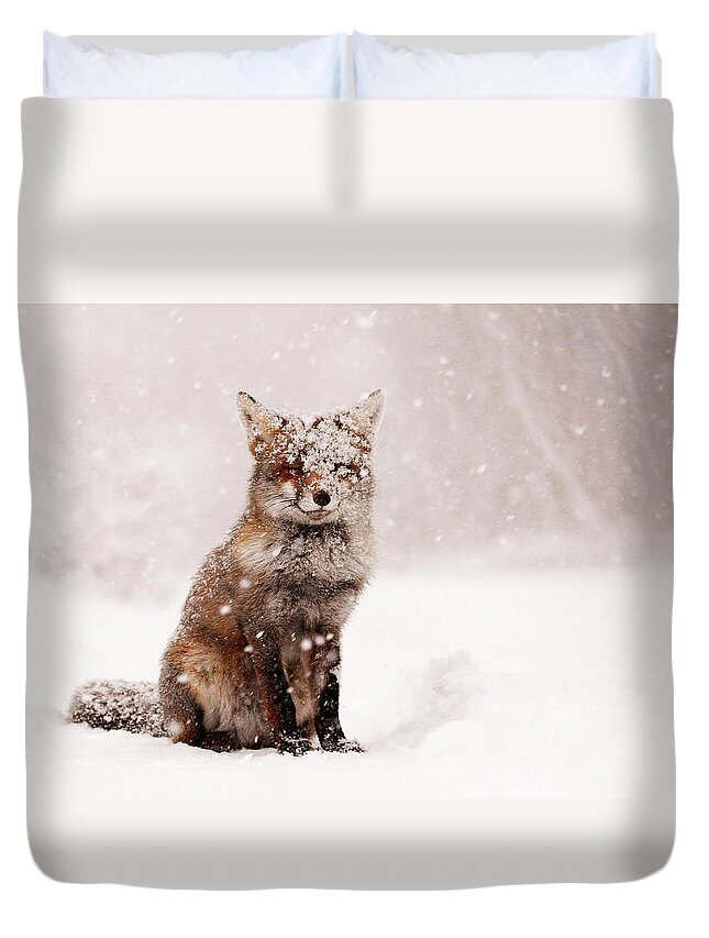 Fox Duvet Cover featuring the photograph Fairytale Fox _ Red Fox in a Snow Storm by Roeselien Raimond