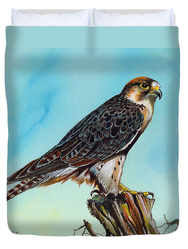 Falcon Duvet Cover featuring the painting Falcon on stump by Anthony Mwangi