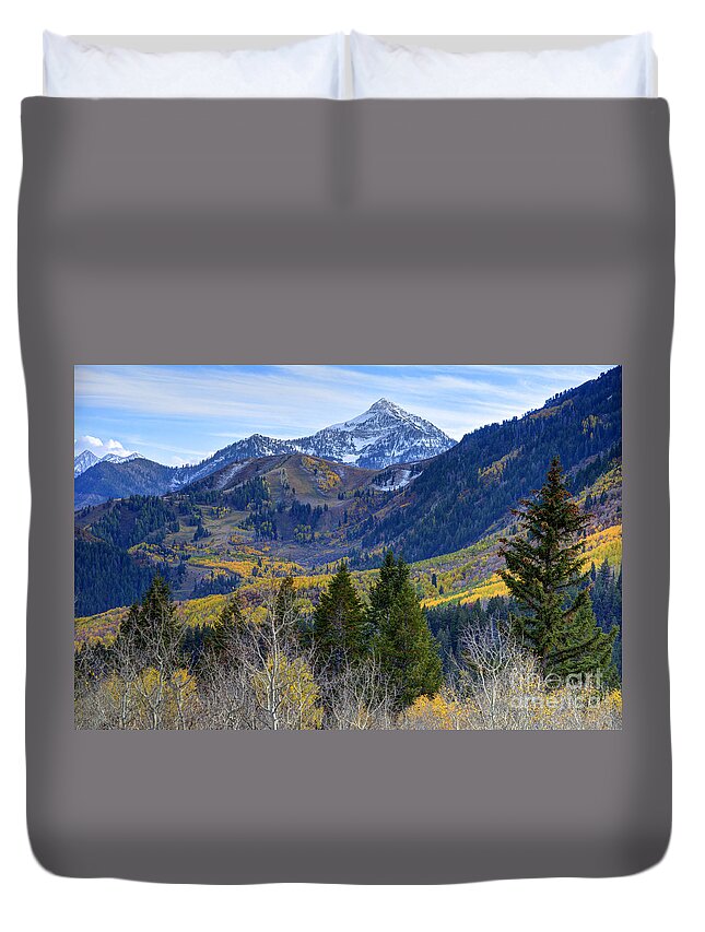 Wasatch Mountains Duvet Cover featuring the photograph Fall at Cascade Peak and Sundance from Alpine Loop by Gary Whitton