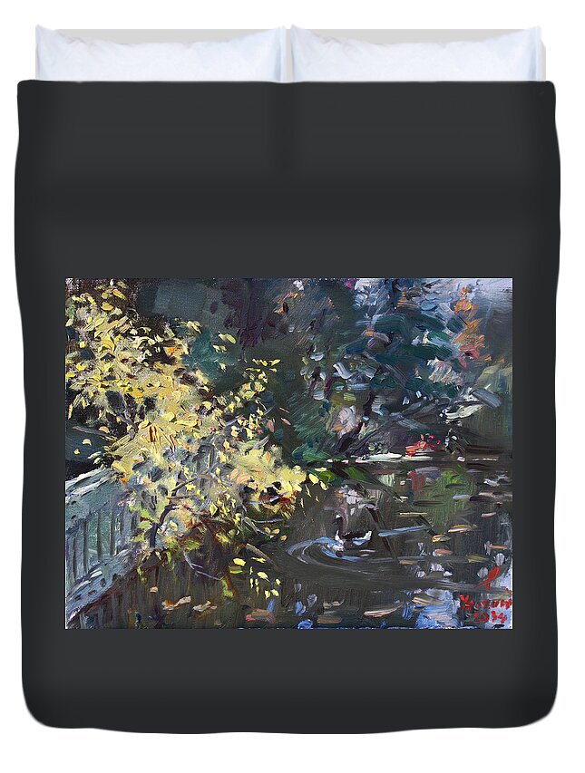 Fall Duvet Cover featuring the painting Fall by the Pond by Ylli Haruni
