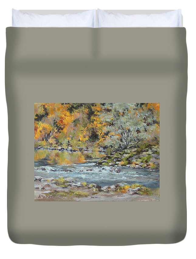 Seasons Duvet Cover featuring the painting Fall on the River by Karen Ilari