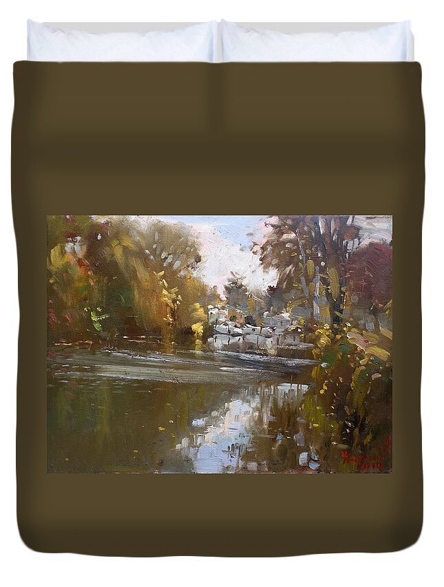 Fall Reflections Duvet Cover featuring the painting Fall reflections at North Tonawanda Canal by Ylli Haruni