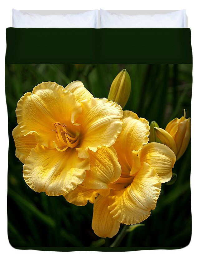 Lilies Duvet Cover featuring the photograph Fancy Yellow Daylilies by Rona Black