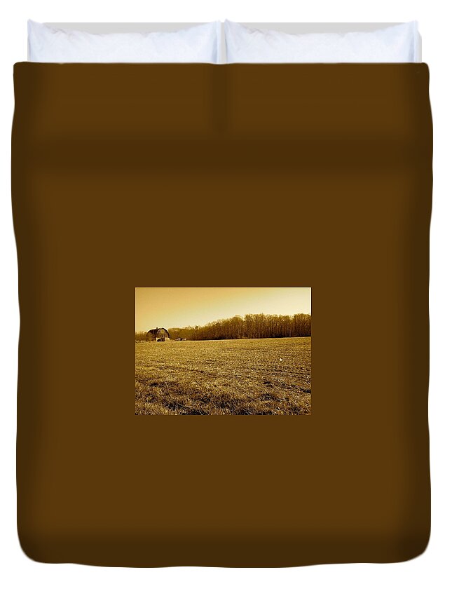Farm Duvet Cover featuring the photograph Farm Field With Old Barn in Sepia by Chris W Photography AKA Christian Wilson