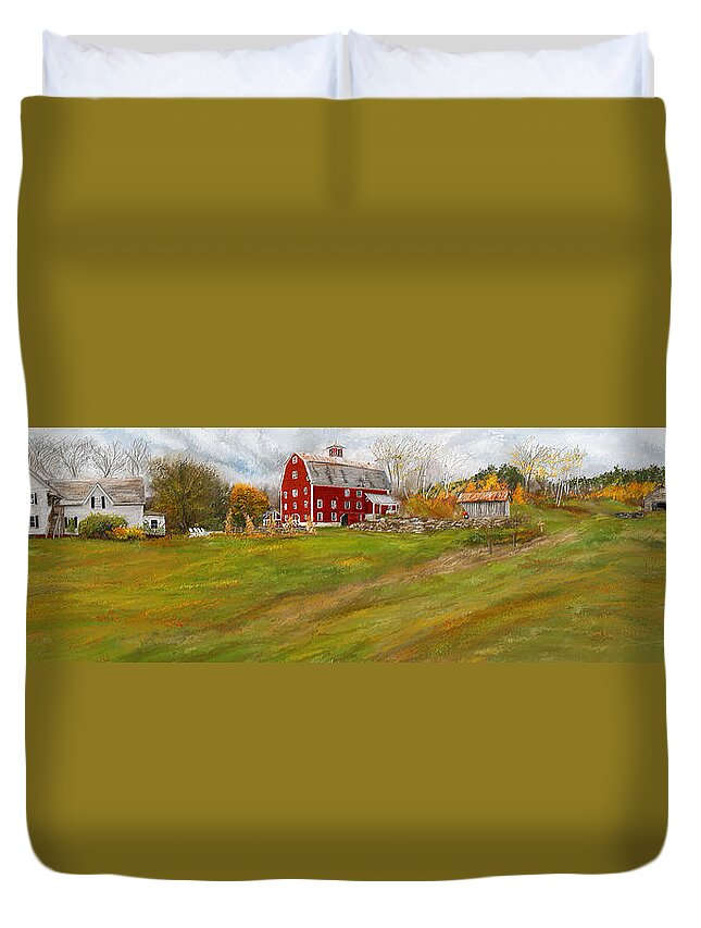Farmhouse At Robinson Farm Duvet Cover featuring the painting Red Barn Art- Farmhouse Inn At Robinson Farm by Lourry Legarde