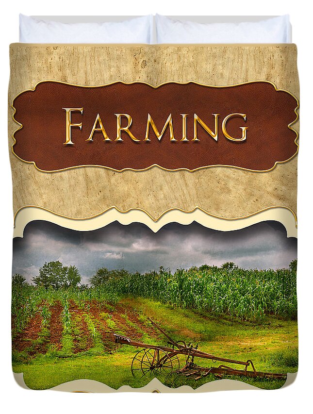 Farmer Duvet Cover featuring the photograph Farming and country life button by Mike Savad