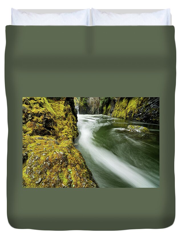 Scenics Duvet Cover featuring the photograph Fast Mountain Stream In Vancouver by Rezus
