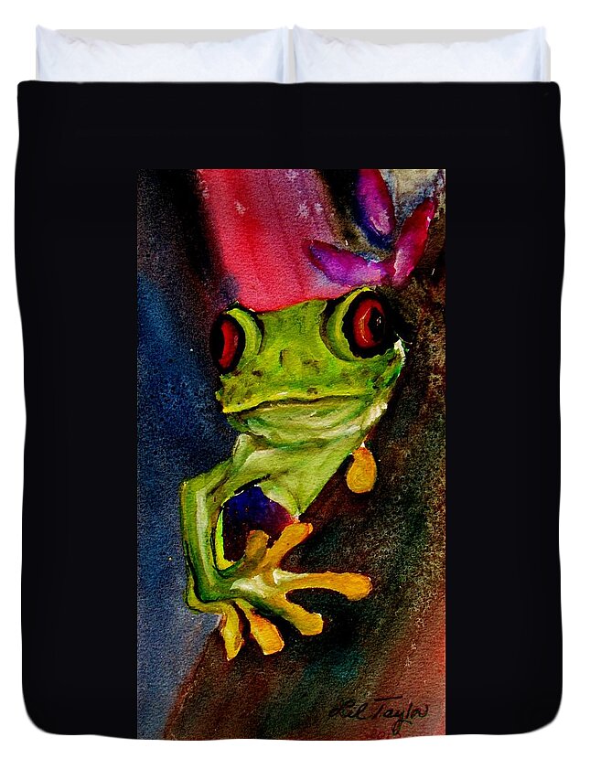 Frog Duvet Cover featuring the painting Feeling a Little Froggy by Lil Taylor