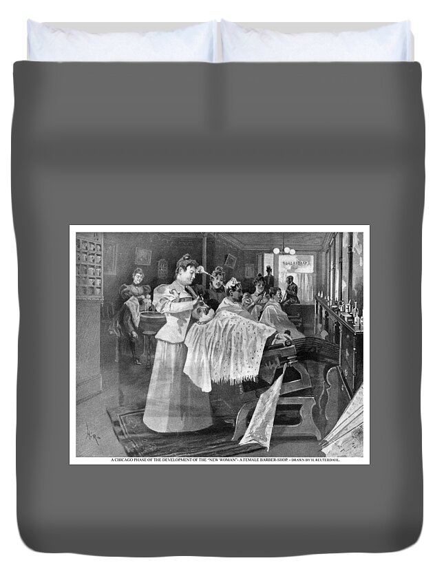 1895 Duvet Cover featuring the drawing Female Barber-shop, 1895 by Granger