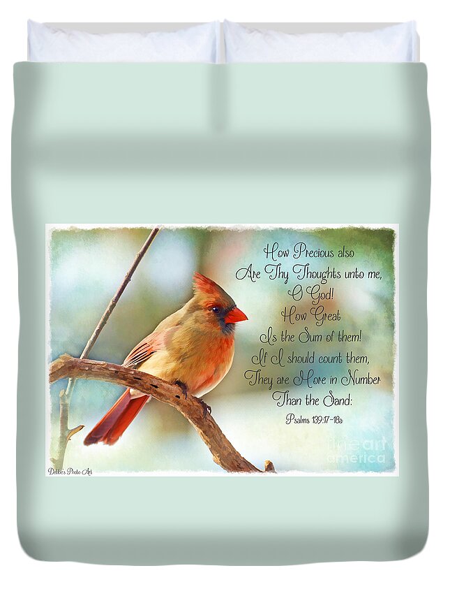 Cardinal Duvet Cover featuring the photograph Female Northern Cardinal with verse by Debbie Portwood