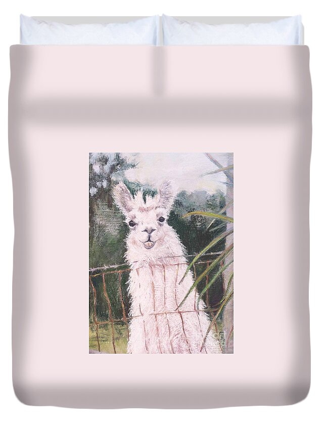 Llama On A Florida Farm Duvet Cover featuring the painting Fences Make Good Neighbors by Mary Lynne Powers