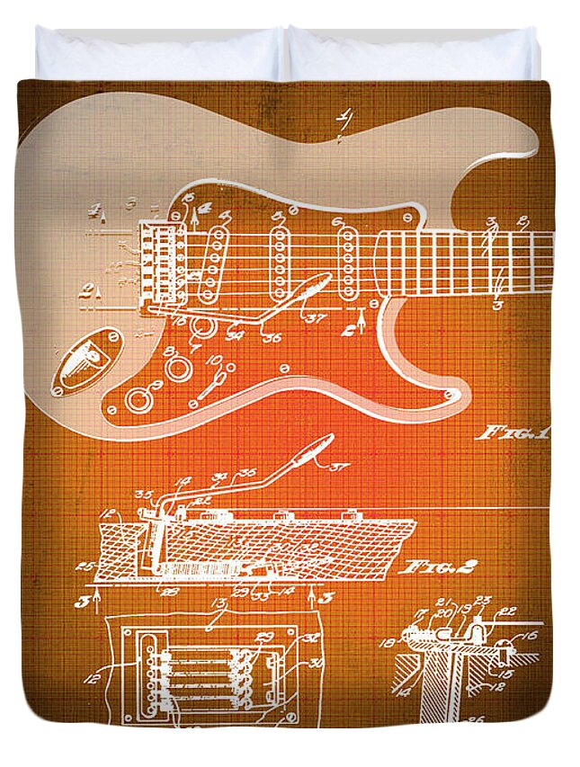 Guitar Duvet Cover featuring the mixed media Fender Guitar Patent Blueprint Drawing Sepia by Tony Rubino