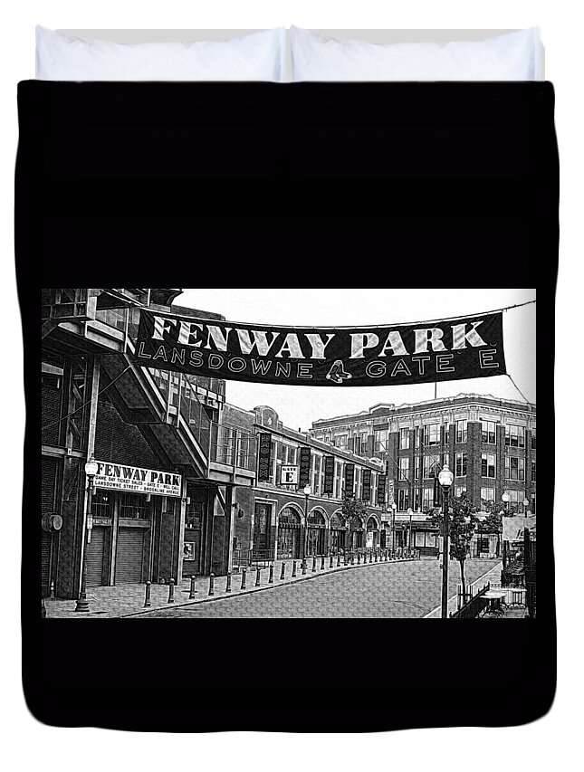 Boston Duvet Cover featuring the photograph Fenway Park Banner Black and White by Toby McGuire