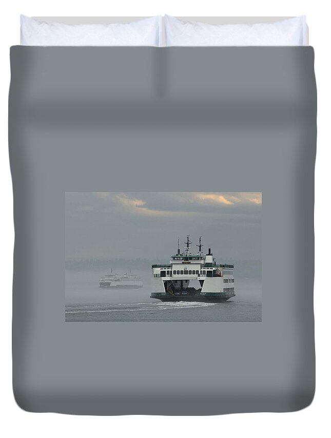 Ferries In The Fog Duvet Cover featuring the photograph Ferries Pass in the Fog by E Faithe Lester