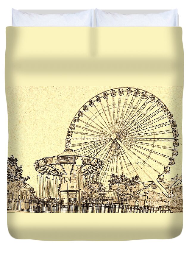 Ferris Wheel Duvet Cover featuring the digital art Ferris Wheel Navy Pier by Dejan Jovanovic