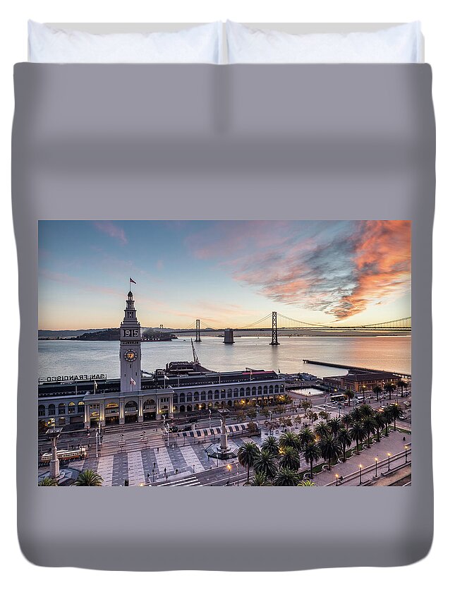 California Duvet Cover featuring the photograph Ferry Building Sunrise - San Francisco by Michael Lee