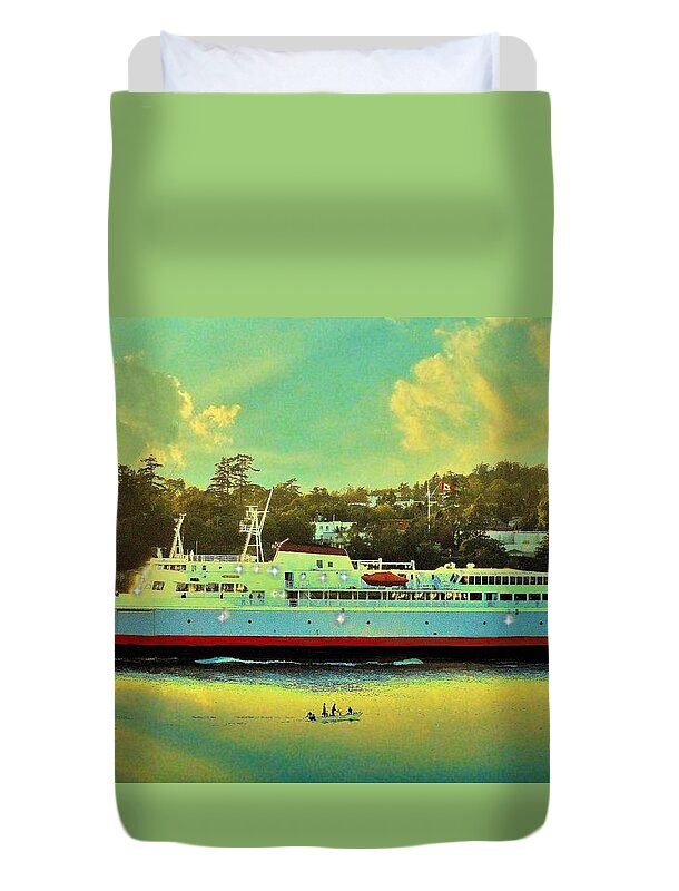 Ferry Duvet Cover featuring the photograph Ferry Headed out from Victoria at Sunset by Janette Boyd