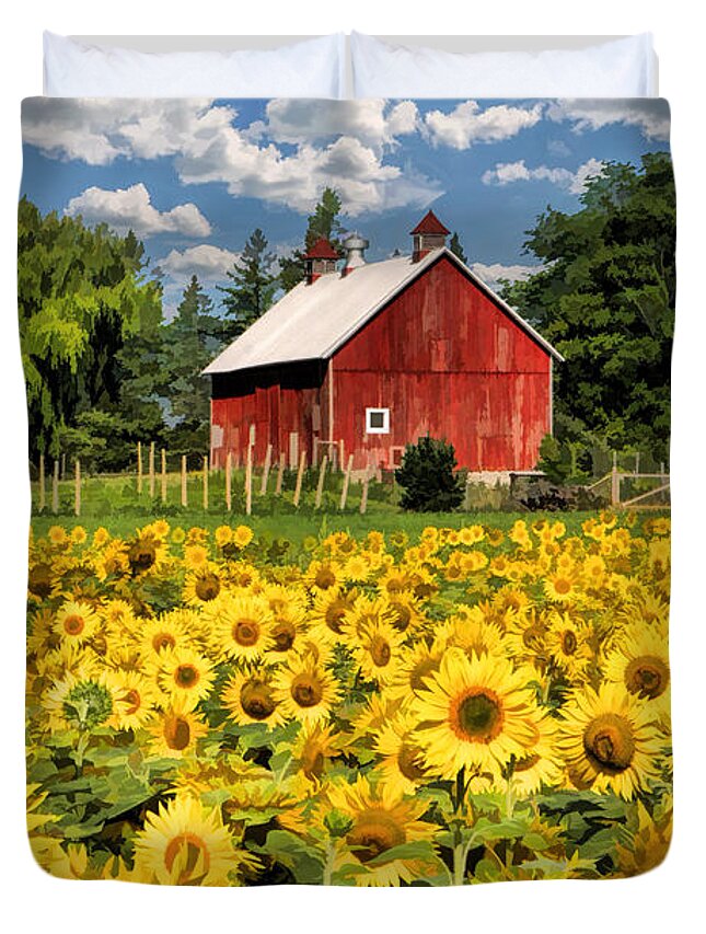 Door County Duvet Cover featuring the painting Field of Sunflowers by Christopher Arndt
