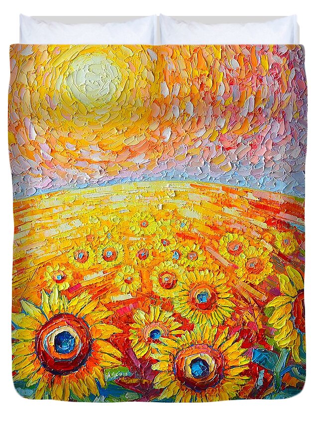 Sunflower Duvet Cover featuring the painting Fields Of Gold - Abstract Landscape With Sunflowers In Sunrise by Ana Maria Edulescu