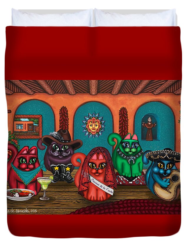 Folk Art Duvet Cover featuring the painting Fiesta Cats II by Victoria De Almeida