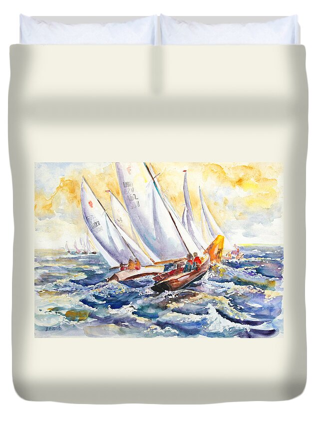 Folkboat Duvet Cover featuring the painting Fight At The Mark - Folkboats Tacking by Barbara Pommerenke