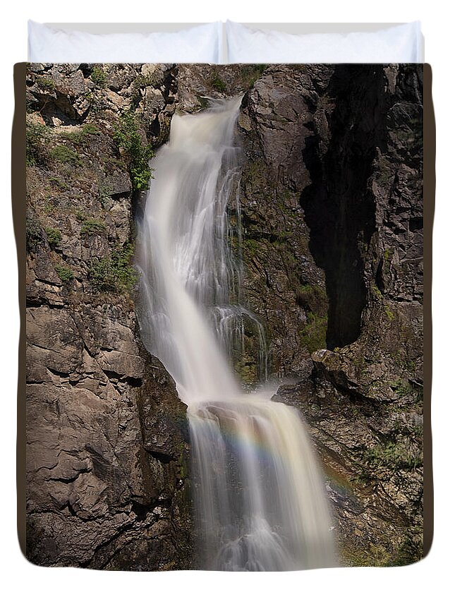 Fintry Provincial Park Duvet Cover featuring the photograph Fintry Falls and Rainbow by Allan Van Gasbeck