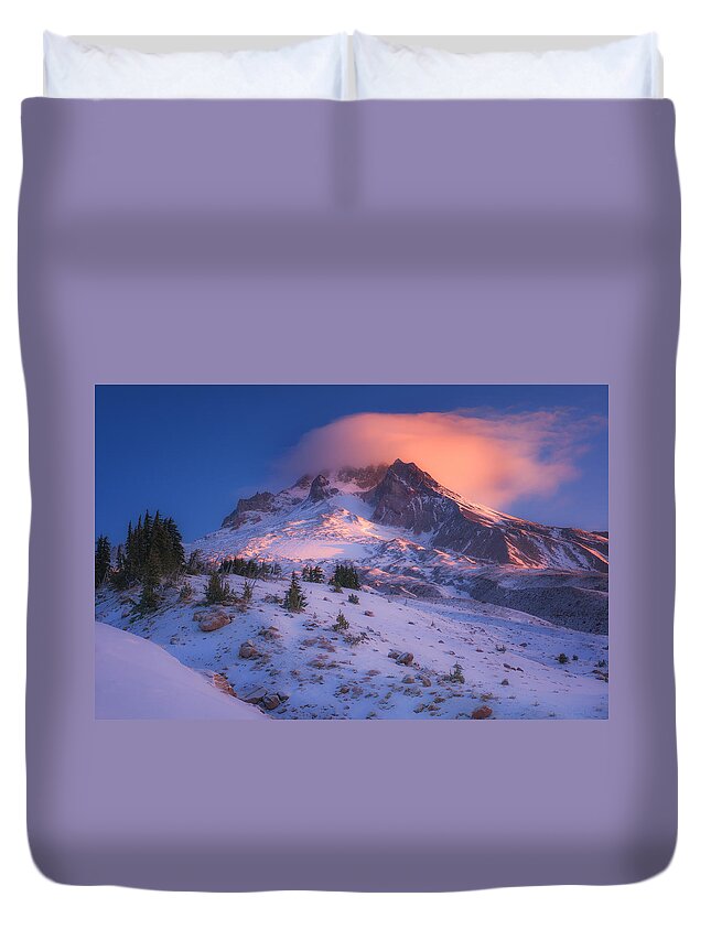 Mount Hood Duvet Cover featuring the photograph Fire Cap by Darren White