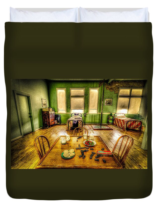 Houston Duvet Cover featuring the photograph Fire House Bunk Room by David Morefield