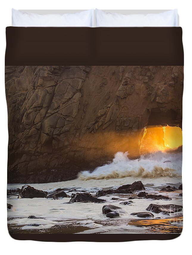 Pfeiffer Beach Duvet Cover featuring the photograph Fire In The Hole by Suzanne Luft