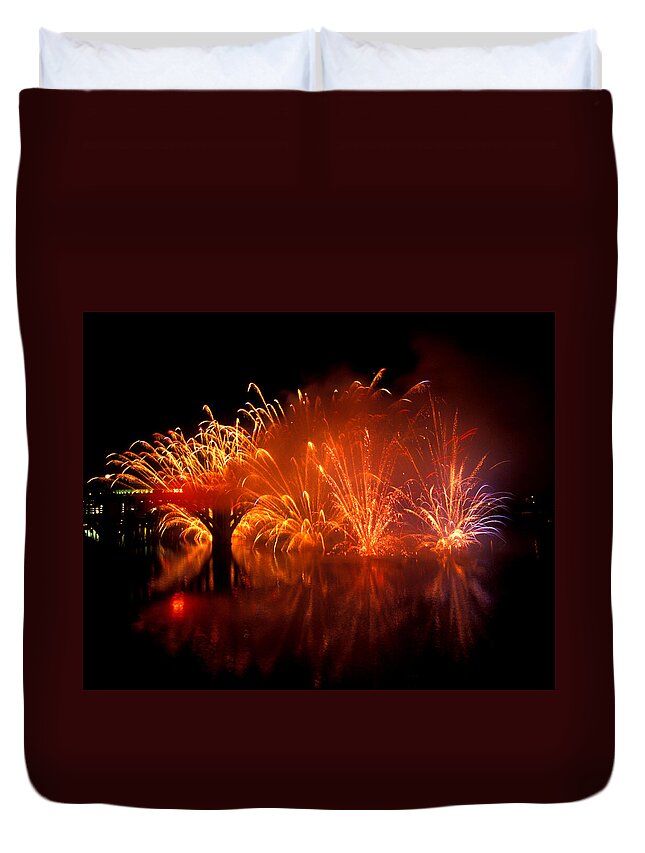 Fireworks Duvet Cover featuring the photograph Fire on the Water by Paul W Faust - Impressions of Light