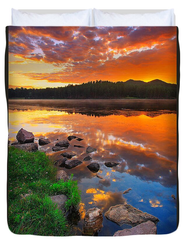 Beauty Duvet Cover featuring the photograph Fire On Water by Kadek Susanto