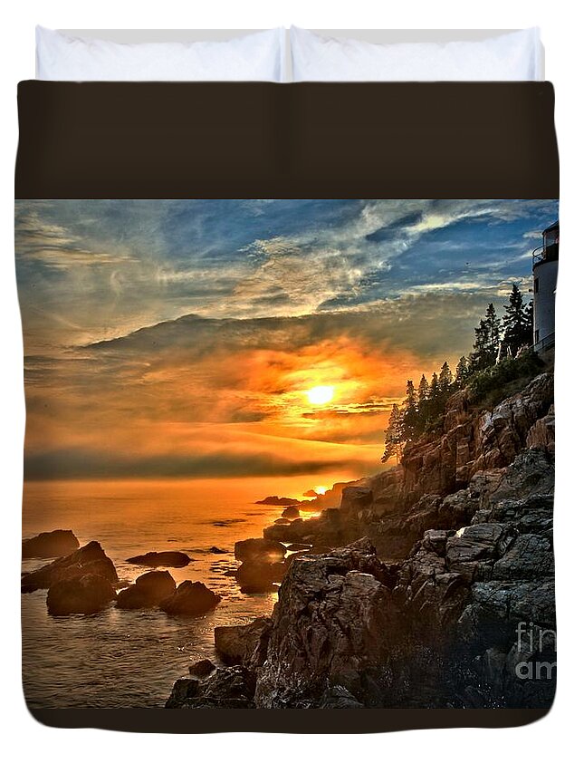 Bass Harbor Lighthouse Duvet Cover featuring the photograph Fire Over Bass Harbor by Adam Jewell