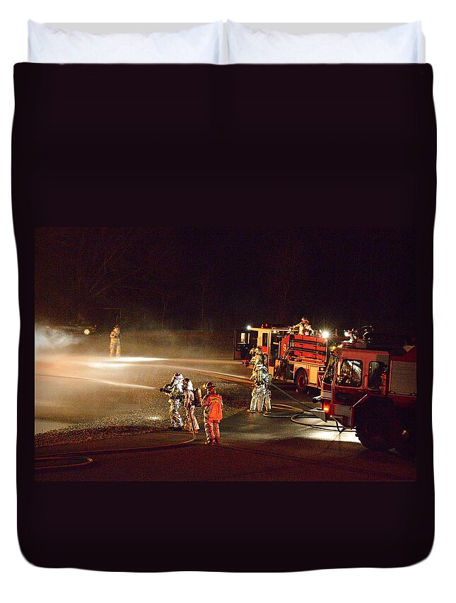 Firefighter Duvet Cover featuring the photograph Firefighters at work by Aaron Martens