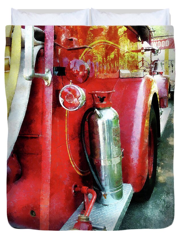 Firefighters Duvet Cover featuring the photograph Fireman - Fire Extinguisher on Fire Truck by Susan Savad