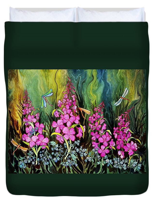 Fireweed And Dragonflies Duvet Cover featuring the painting Fireweed and Dragonflies by Teresa Ascone