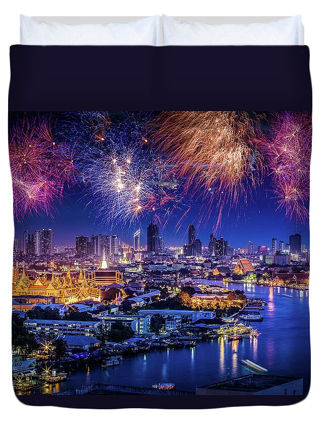 Mother's Day Duvet Cover featuring the photograph Fireworks Above Bangkok City by Natapong Supalertsophon