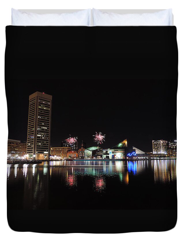 Baltimore Duvet Cover featuring the photograph Fireworks over Downtown Baltimore by Cityscape Photography