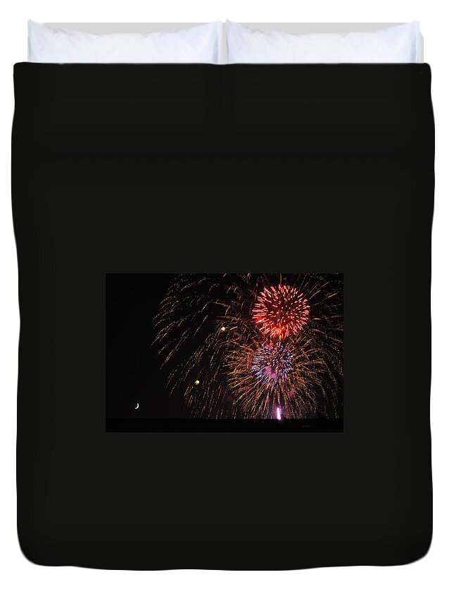 Fireworks Duvet Cover featuring the photograph Fireworks w Moon by Glory Ann Penington