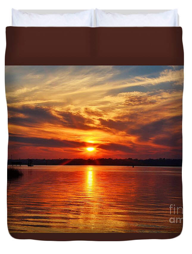 Sunset Duvet Cover featuring the photograph Firey Sunset by Kathy Baccari