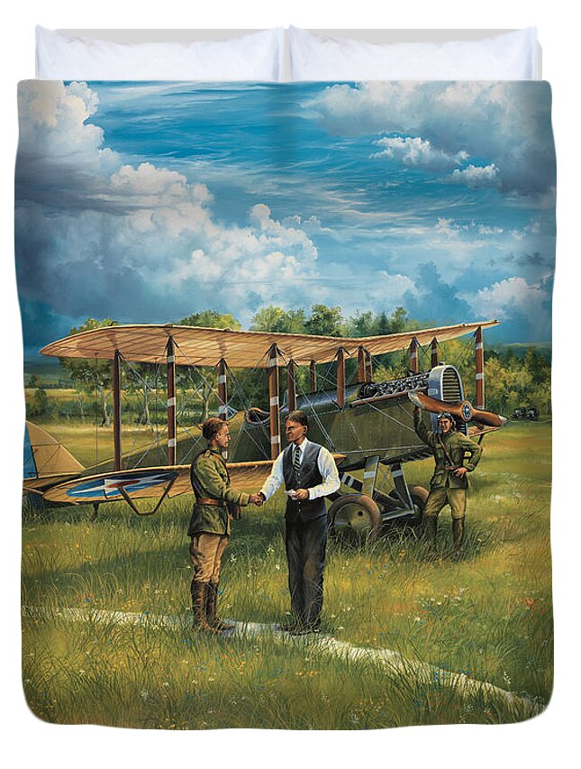 Aviation Art Duvet Cover featuring the painting First Landing At Shepherd's Field by Randy Green