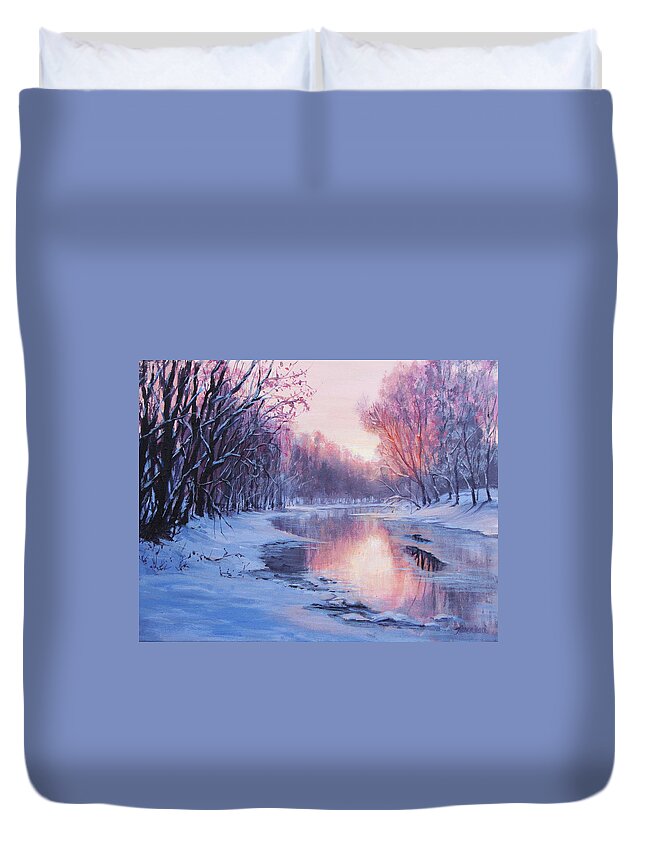 Landscape Duvet Cover featuring the painting First Light by Karen Ilari